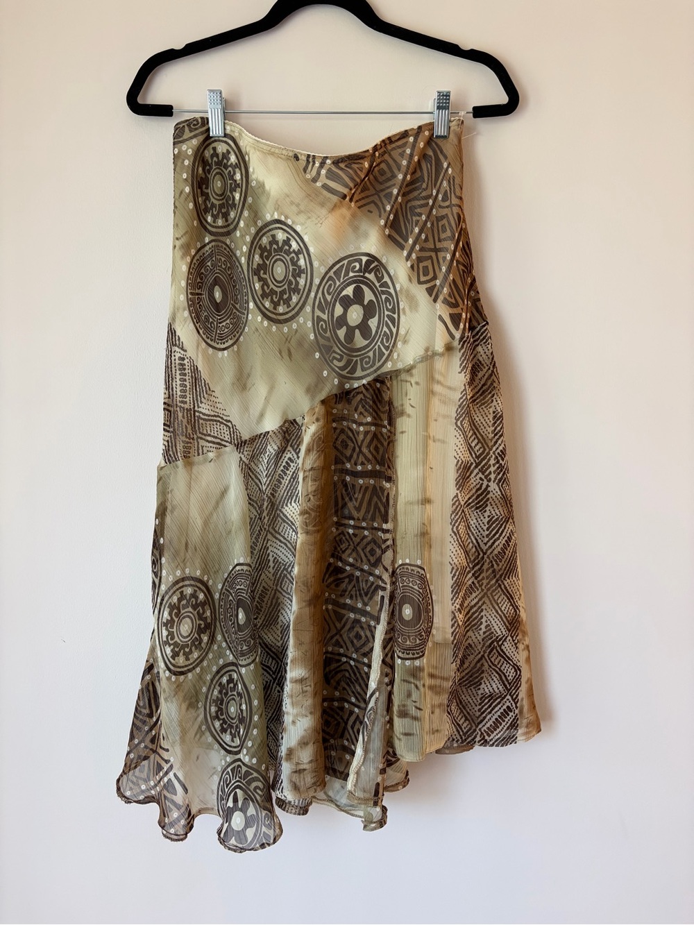 Vintage Y2K Boho Patchwork Midi Skirt in Beige Brown Cream